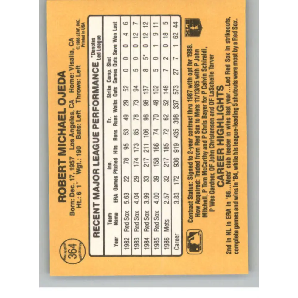 1987 Donruss #364 Bob Ojeda EX Excellent New York Mets Baseball Card  Image 2