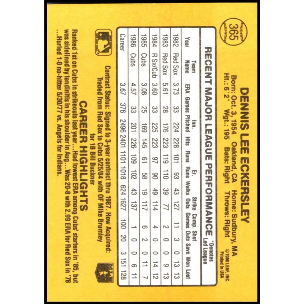 1987 Donruss #365 Dennis Eckersley EX Excellent Chicago Cubs Baseball Card  Image 2