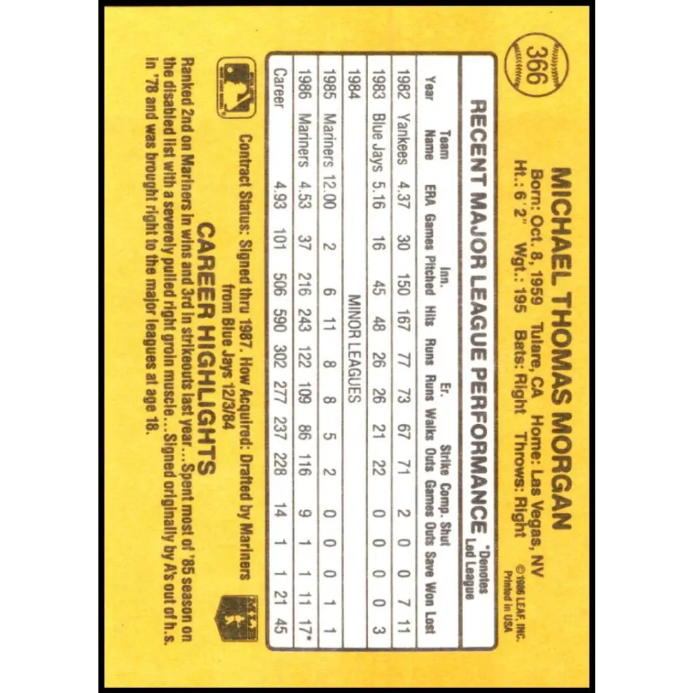 1987 Donruss #366 Mike Morgan EX Excellent Seattle Mariners Baseball Card  Image 2