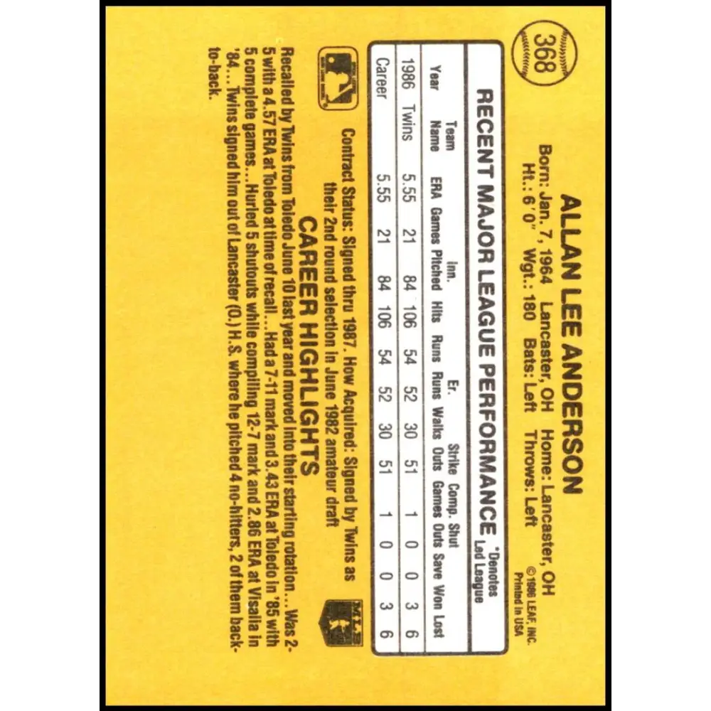 1987 Donruss #368 Allan Anderson EX Excellent RC Rookie Minnesota Twins Baseball Card  Image 2