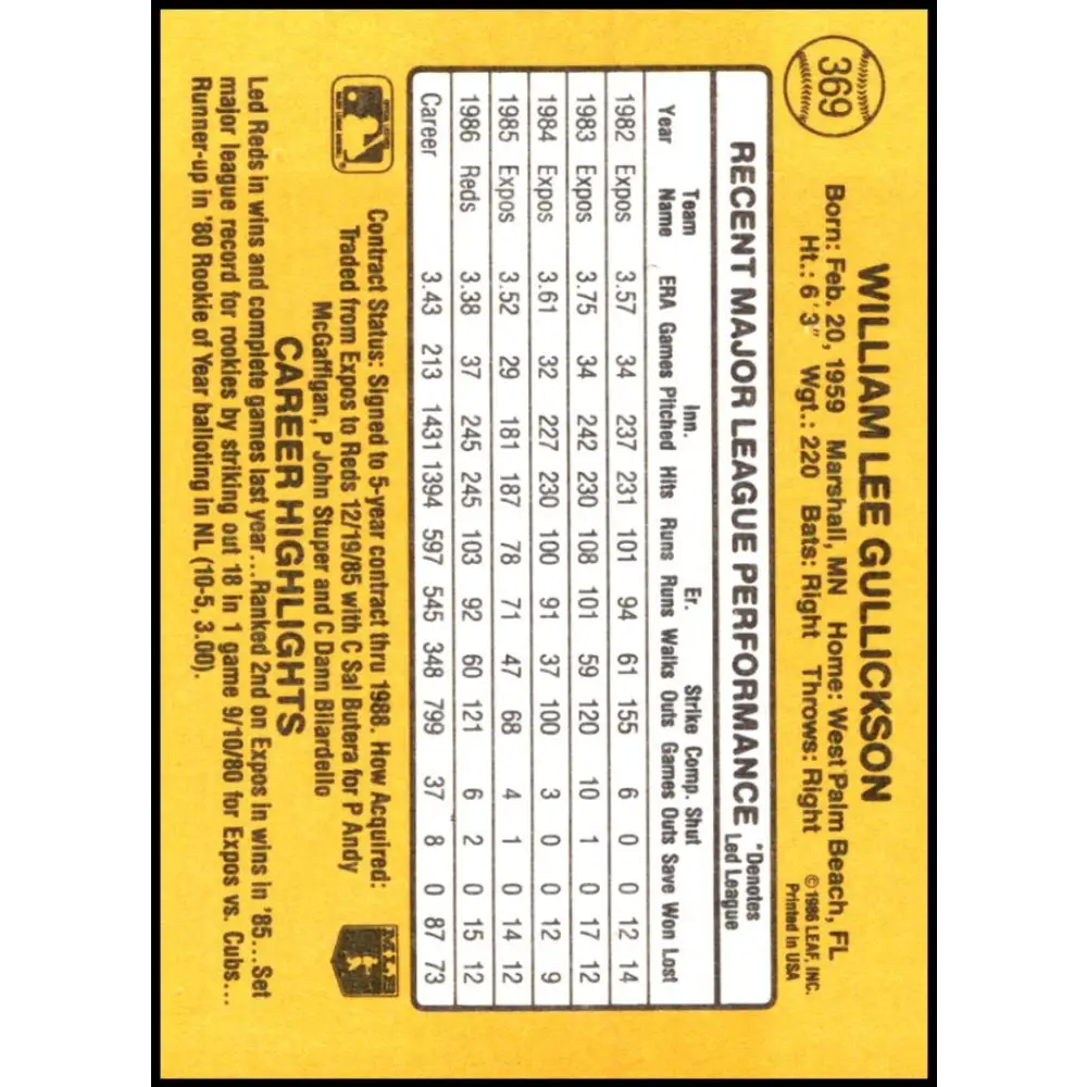 1987 Donruss #369 Bill Gullickson EX Excellent Cincinnati Reds Baseball Card  Image 2