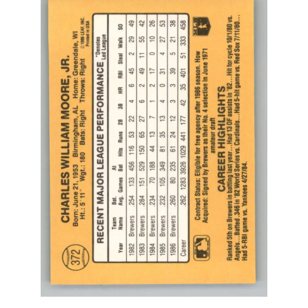 1987 Donruss #372 Charlie Moore EX Excellent Milwaukee Brewers Baseball Card  Image 2