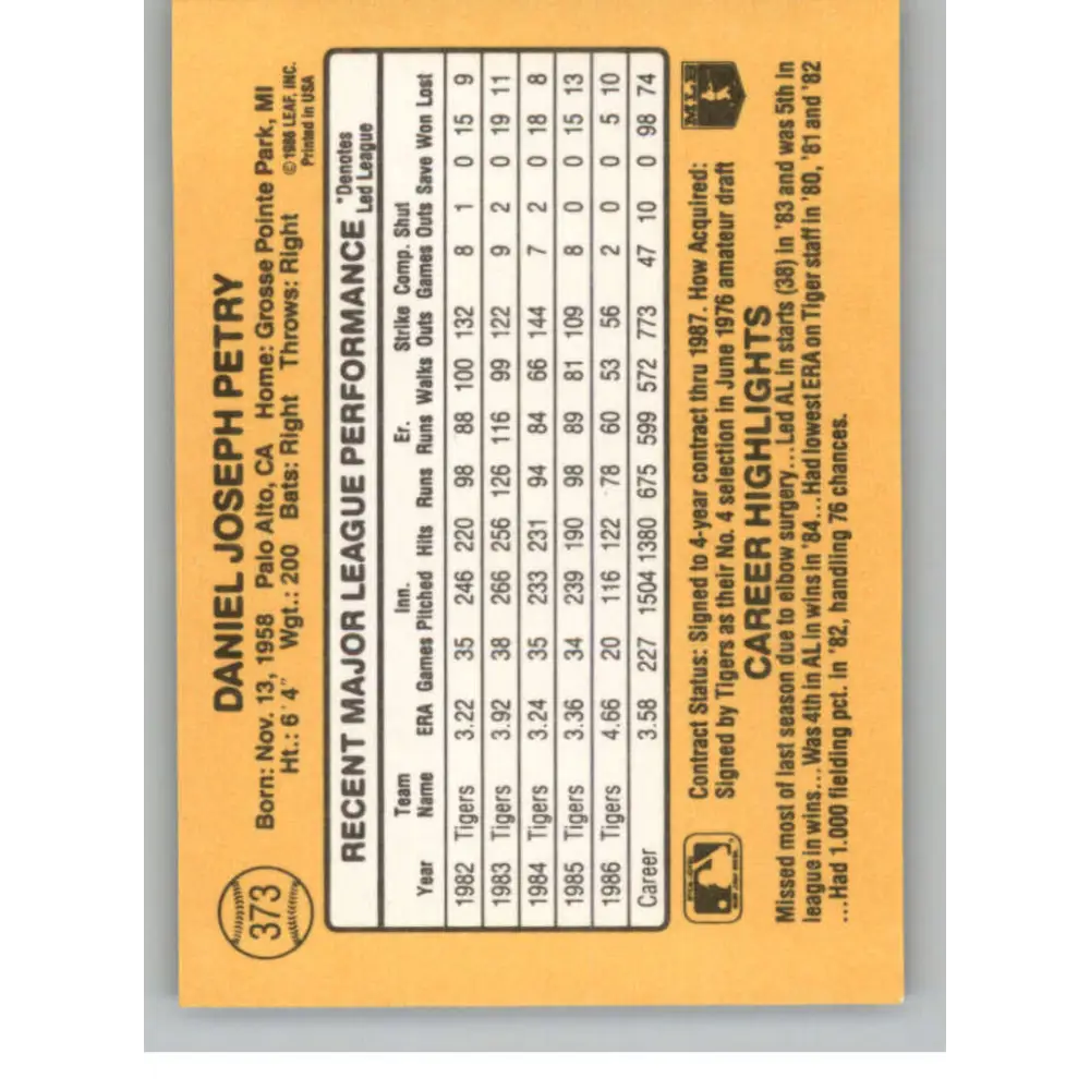 1987 Donruss #373 Dan Petry EX Excellent Detroit Tigers Baseball Card  Image 2