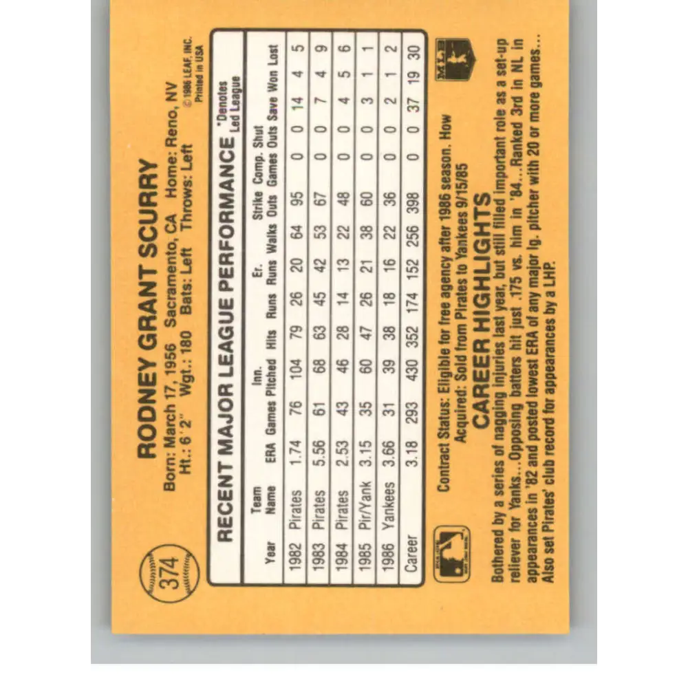 1987 Donruss #374 Rod Scurry EX Excellent New York Yankees Baseball Card  Image 2