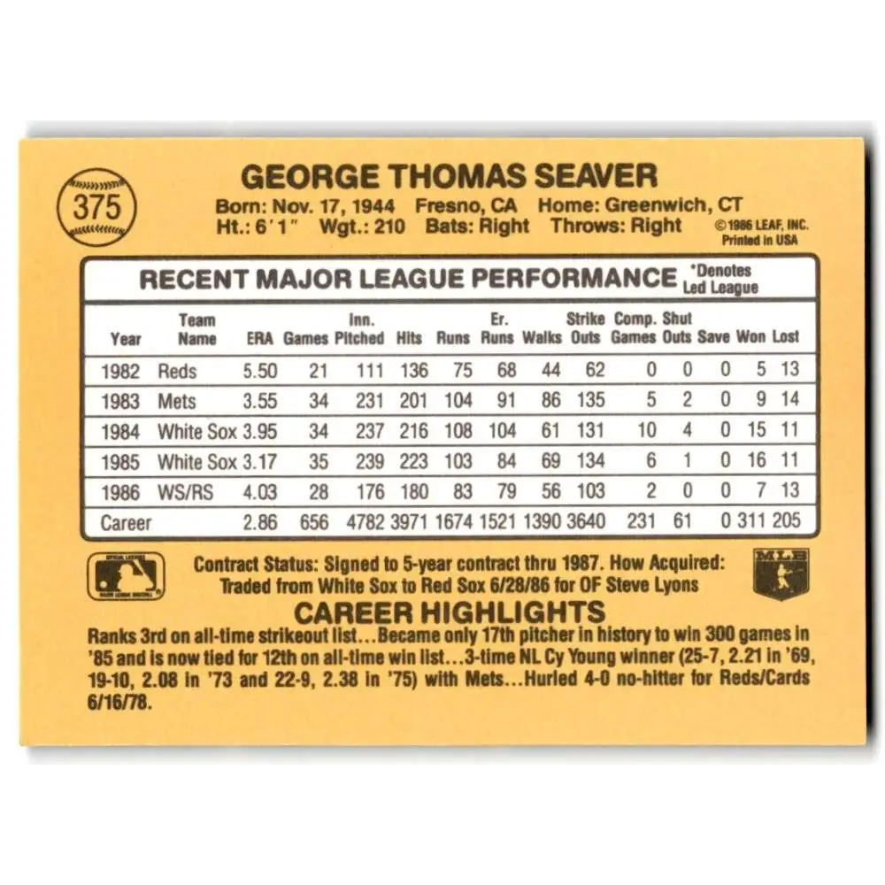 1987 Donruss #375 Tom Seaver EX Excellent Boston Red Sox Baseball Card  Image 2