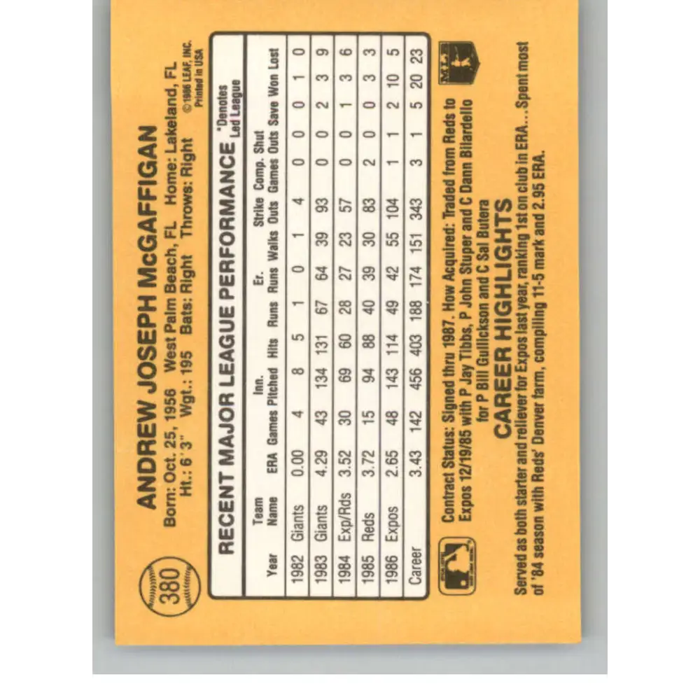1987 Donruss #380 Andy McGaffigan EX Excellent Montreal Expos Baseball Card  Image 2