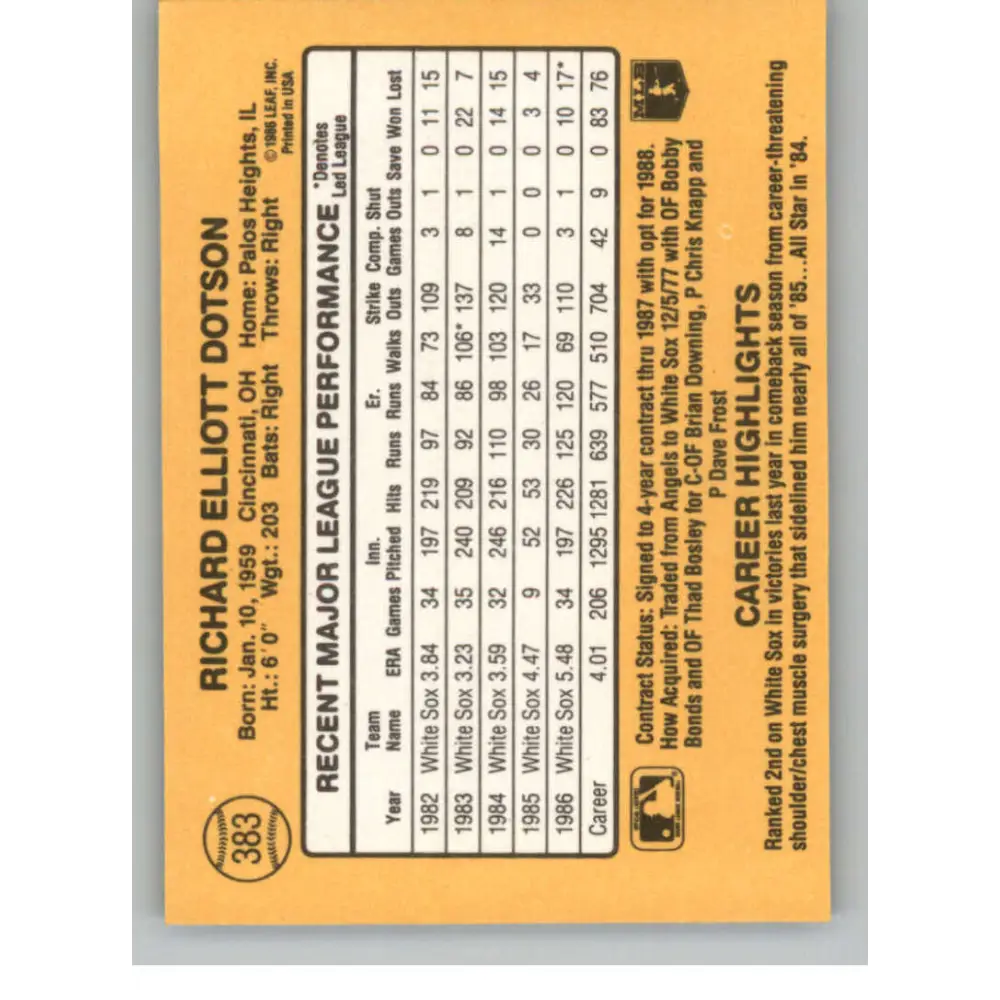 1987 Donruss #383 Richard Dotson EX Excellent Chicago White Sox Baseball Card  Image 2