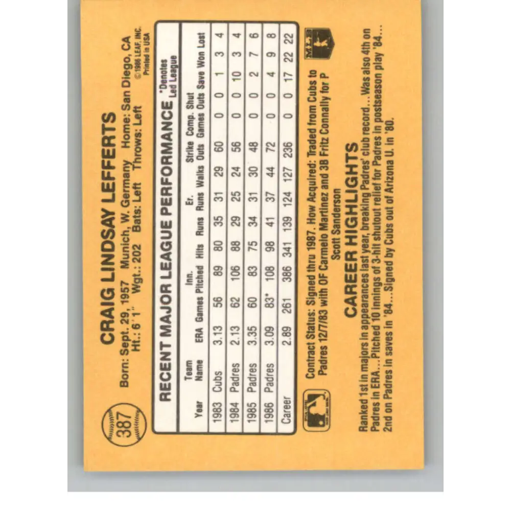 1987 Donruss #387 Craig Lefferts EX Excellent San Diego Padres Baseball Card  Image 2