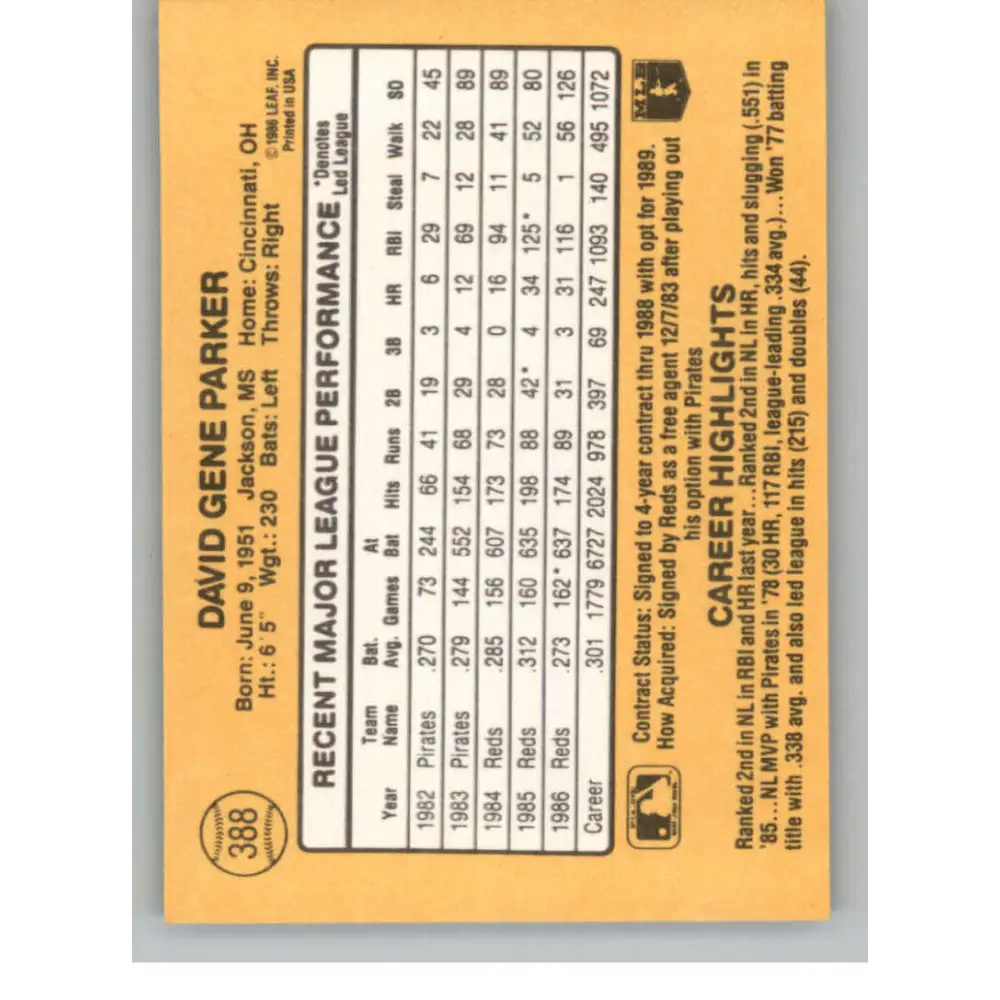 1987 Donruss #388 Dave Parker EX Excellent Cincinnati Reds Baseball Card  Image 2