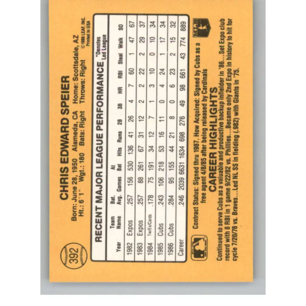 1987 Donruss #392 Chris Speier EX Excellent Chicago Cubs Baseball Card  Image 2