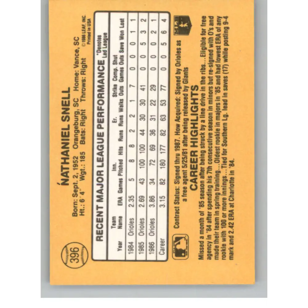 1987 Donruss #396 Nate Snell EX Excellent Baltimore Orioles Baseball Card  Image 2