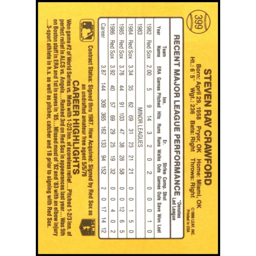 1987 Donruss #399 Steve Crawford EX Excellent Boston Red Sox Baseball Card  Image 2