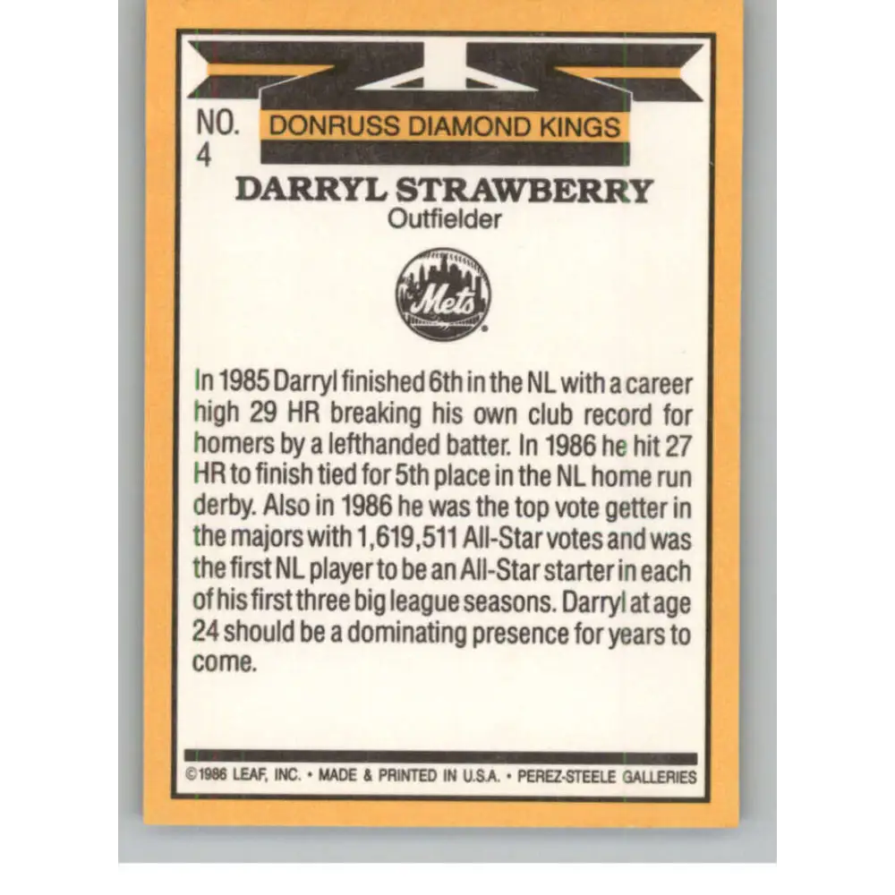 1987 Donruss #4 Darryl Strawberry EX Excellent New York Mets Baseball Card  Image 2