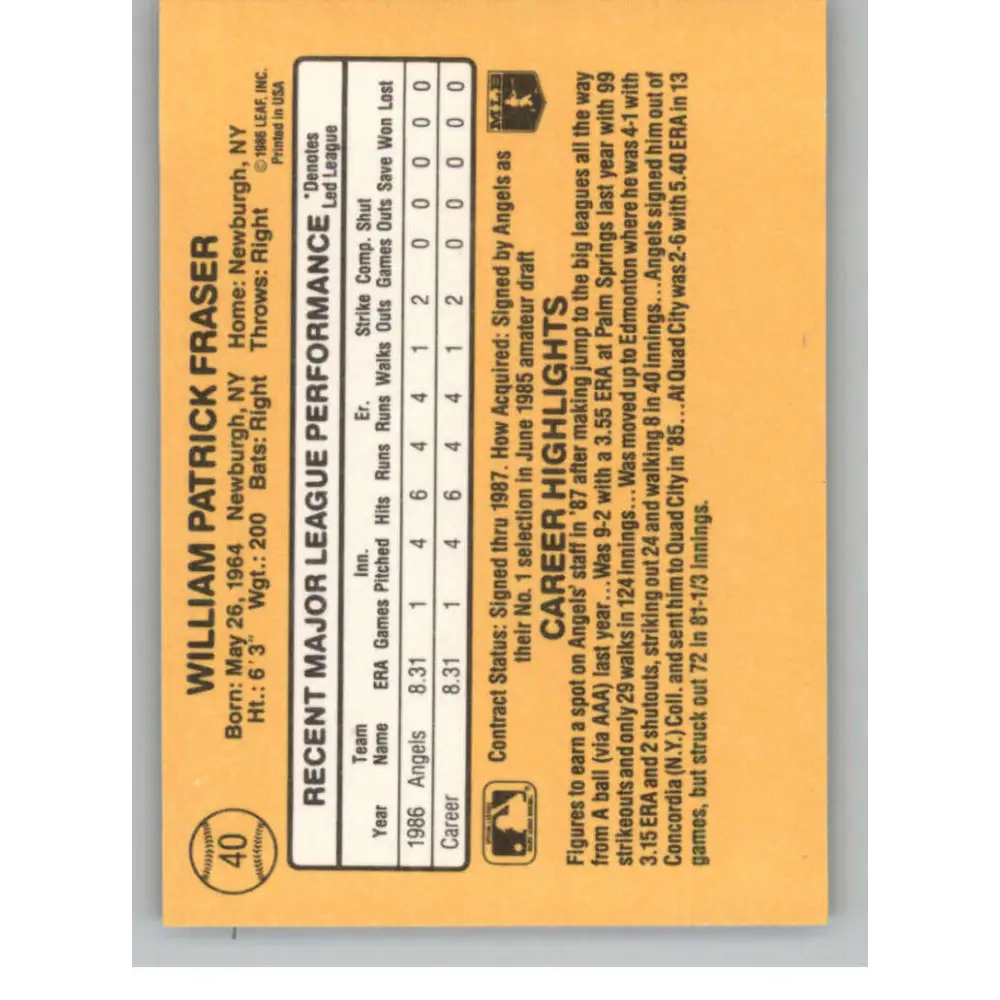1987 Donruss #40 Willie Fraser EX Excellent RC Rookie California Angels Baseball Card  Image 2