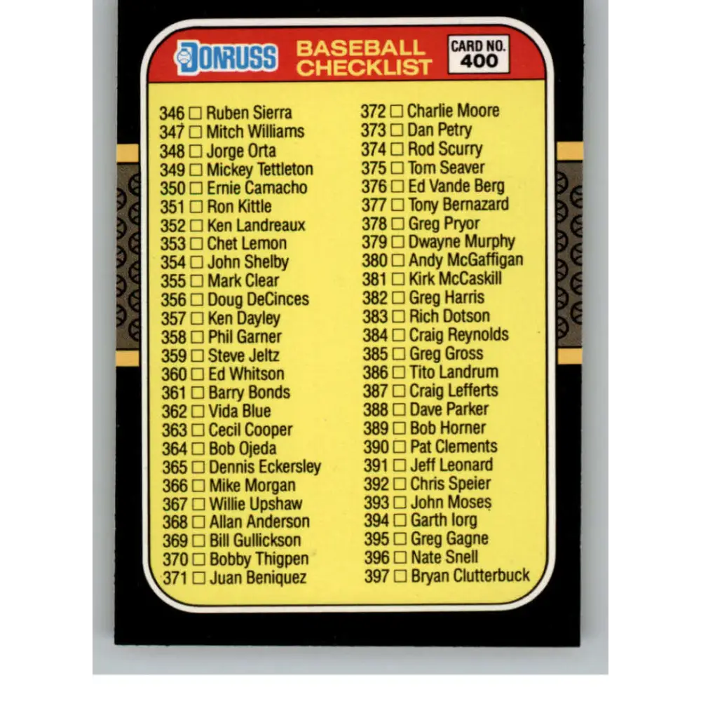 1987 Donruss #400 Checklist 346-451 EX Excellent Baseball Card  Image 1