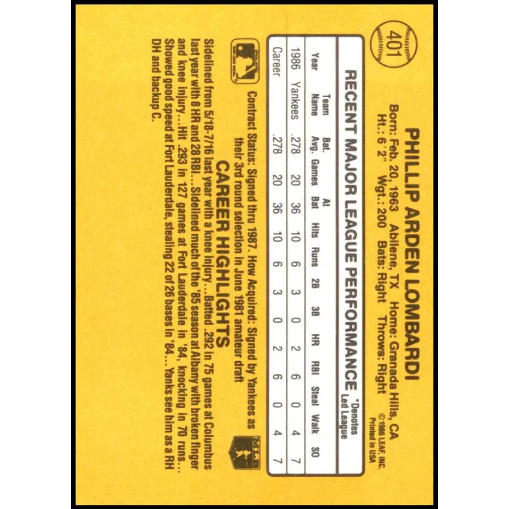 1987 Donruss #401 Phil Lombardi EX Excellent RC Rookie New York Yankees Baseball Card  Image 2