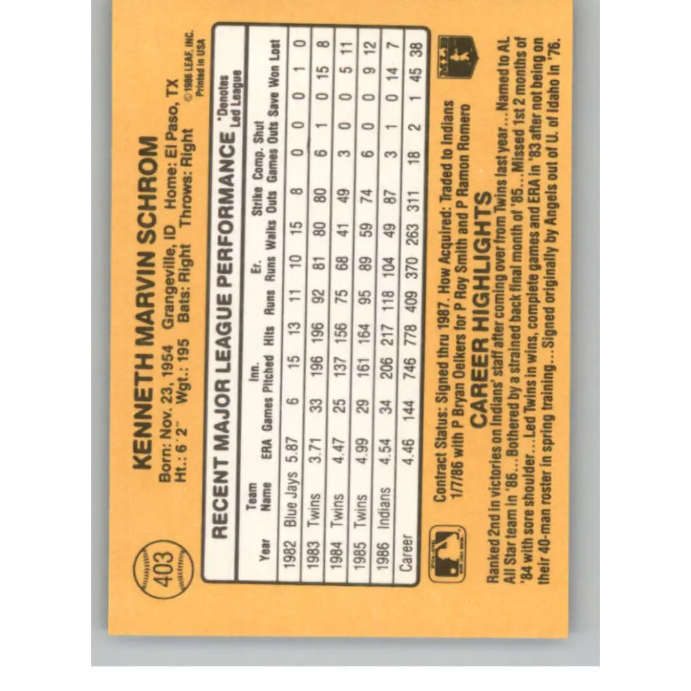 1987 Donruss #403 Ken Schrom EX Excellent Cleveland Indians Baseball Card  Image 2