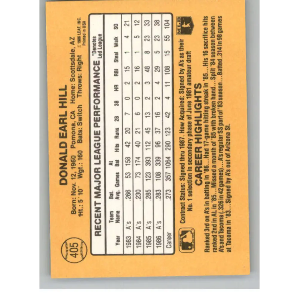 1987 Donruss #405 Donnie Hill EX Excellent Oakland Athletics Baseball Card  Image 2
