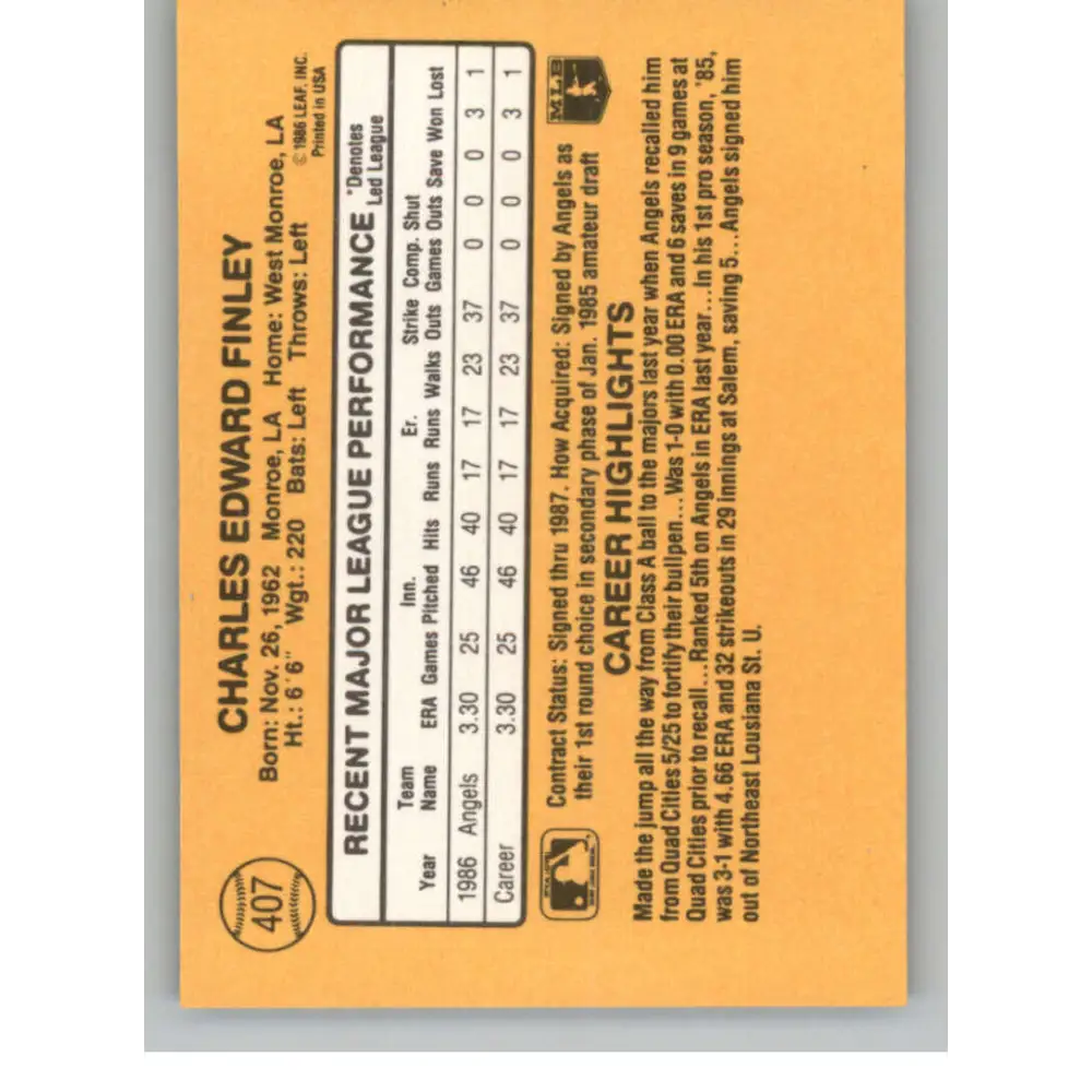 1987 Donruss #407 Chuck Finley EX Excellent RC Rookie California Angels Baseball Card  Image 2