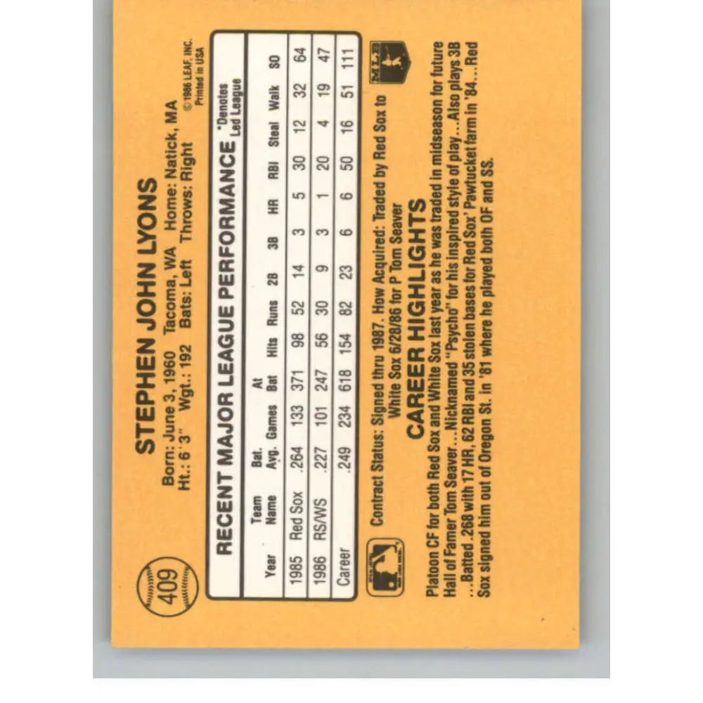 1987 Donruss #409 Steve Lyons EX Excellent Chicago White Sox Baseball Card  Image 2