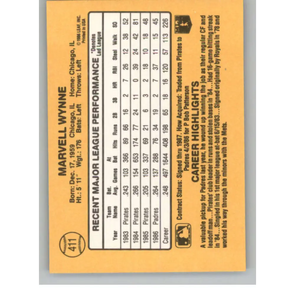 1987 Donruss #411 Marvell Wynne EX Excellent San Diego Padres Baseball Card  Image 2