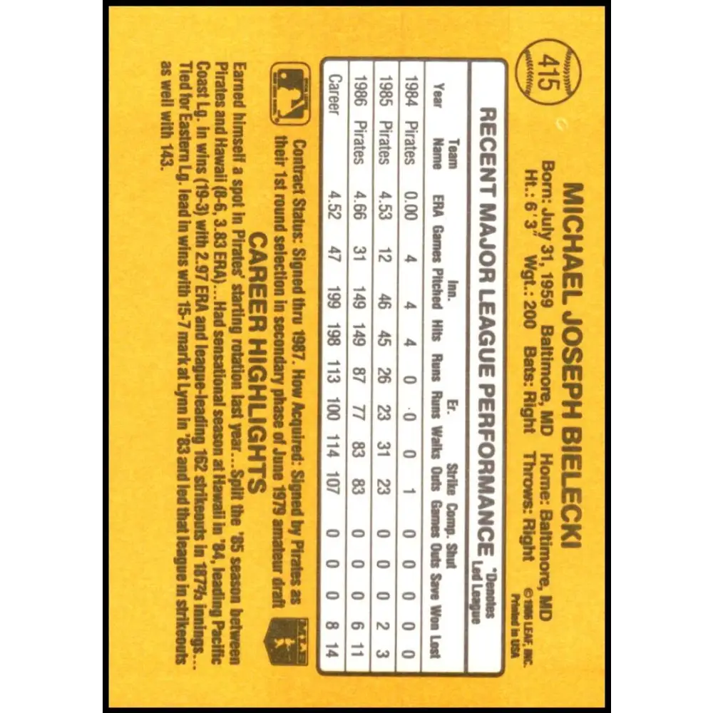 1987 Donruss #415 Mike Bielecki EX Excellent Pittsburgh Pirates Baseball Card  Image 2