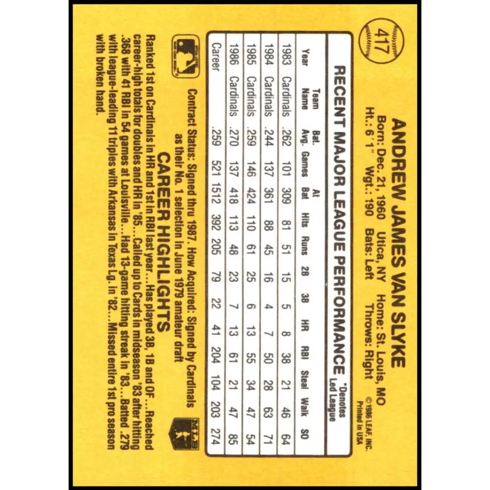 1987 Donruss #417 Andy Van Slyke EX Excellent St. Louis Cardinals Baseball Card  Image 2
