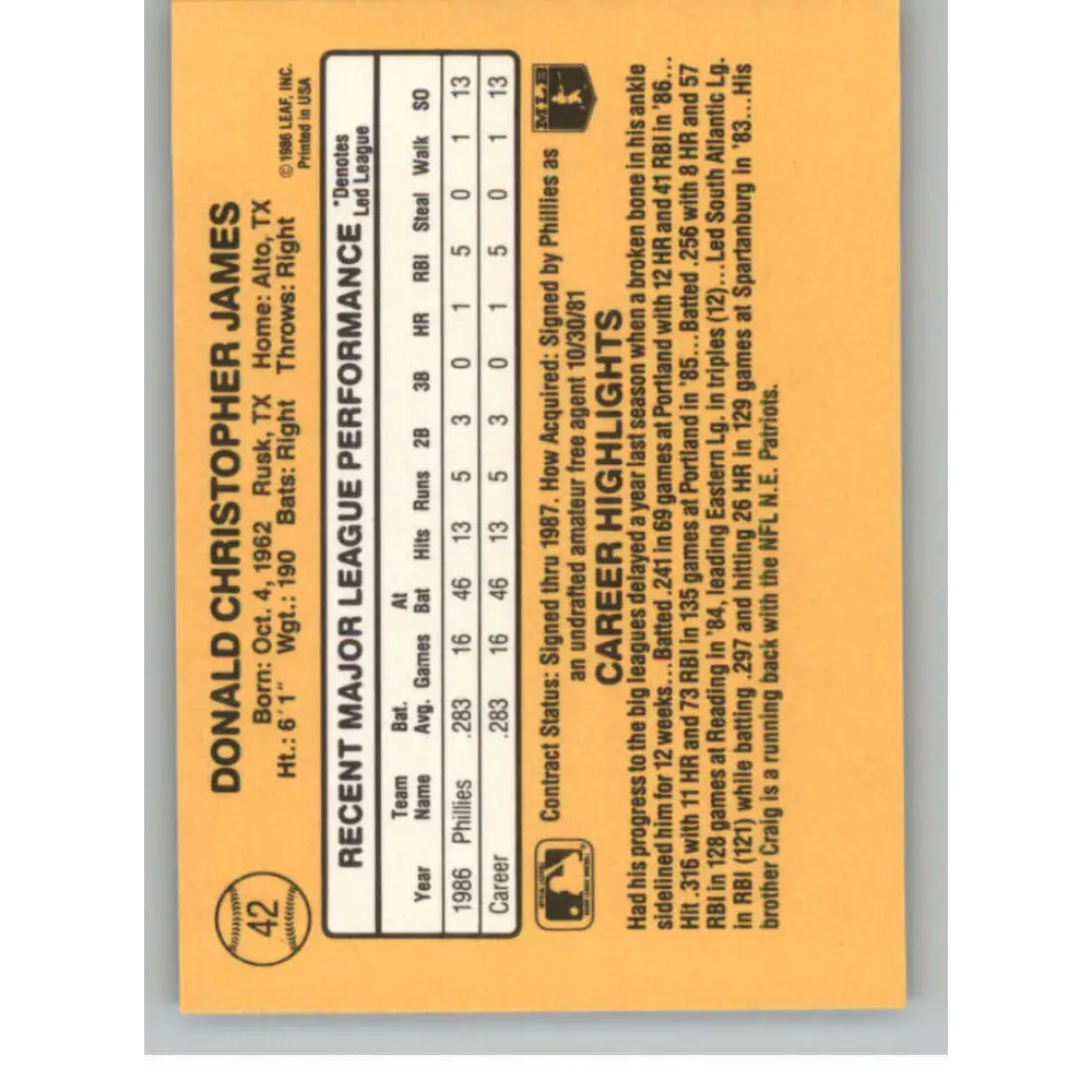 1987 Donruss #42 Chris James EX Excellent RC Rookie Philadelphia Phillies Baseball Card  Image 2