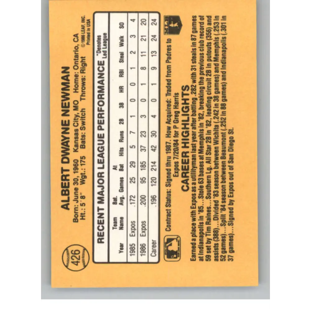 1987 Donruss #426 Al Newman EX Excellent RC Rookie Montreal Expos Baseball Card  Image 2