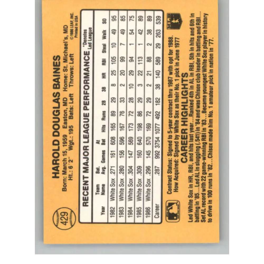 1987 Donruss #429 Harold Baines EX Excellent Chicago White Sox Baseball Card  Image 2