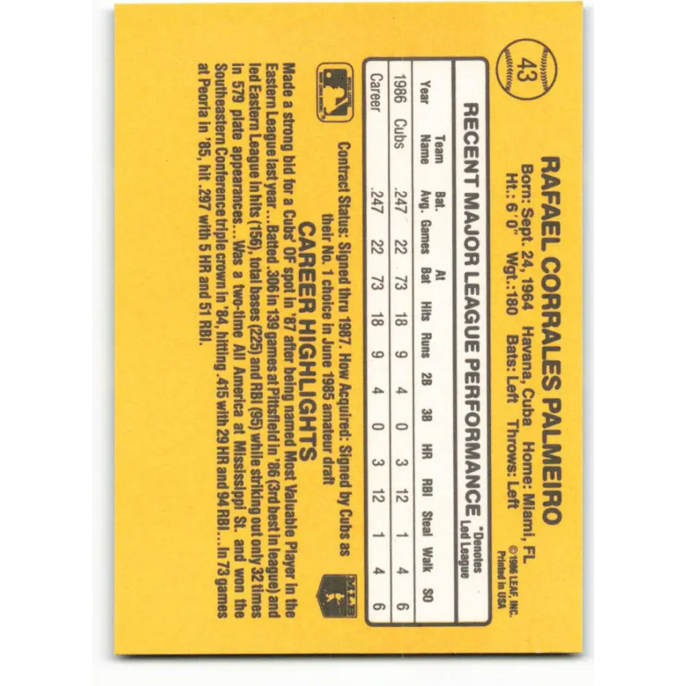 1987 Donruss #43 Rafael Palmeiro EX Excellent RC Rookie Chicago Cubs Baseball Card  Image 2