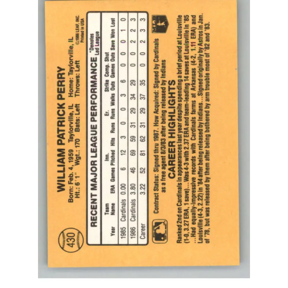 1987 Donruss #430 Pat Perry EX Excellent St. Louis Cardinals Baseball Card  Image 2