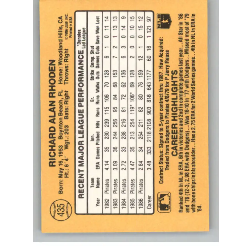 1987 Donruss #435 Rick Rhoden EX Excellent Pittsburgh Pirates Baseball Card  Image 2