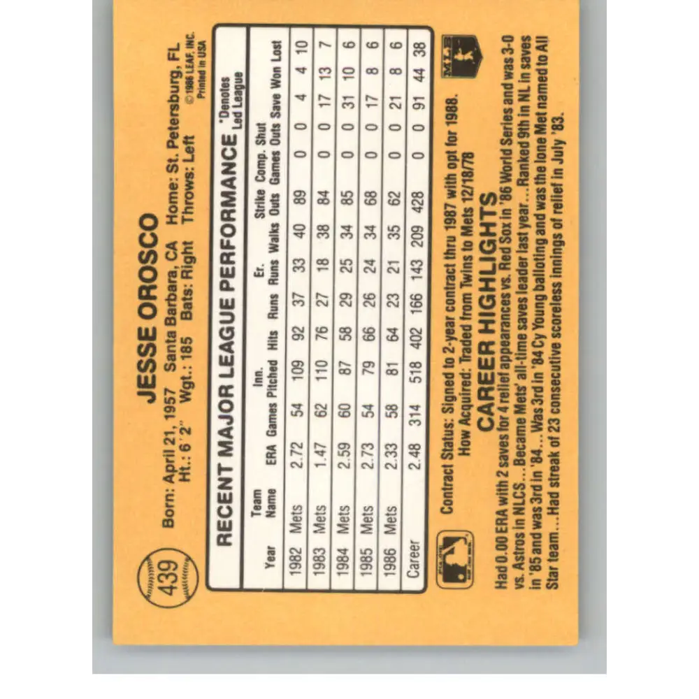 1987 Donruss #439 Jesse Orosco EX Excellent New York Mets Baseball Card  Image 2