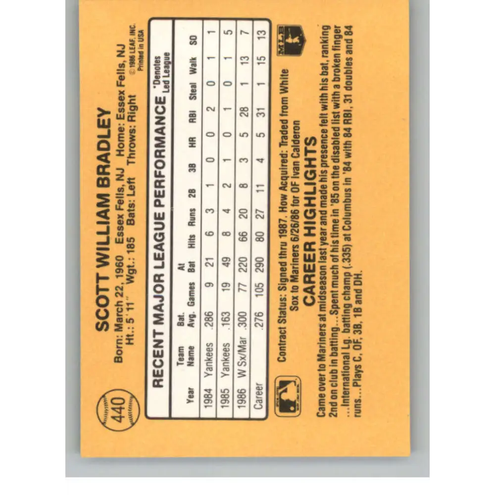 1987 Donruss #440 Scott Bradley EX Excellent Seattle Mariners Baseball Card  Image 2