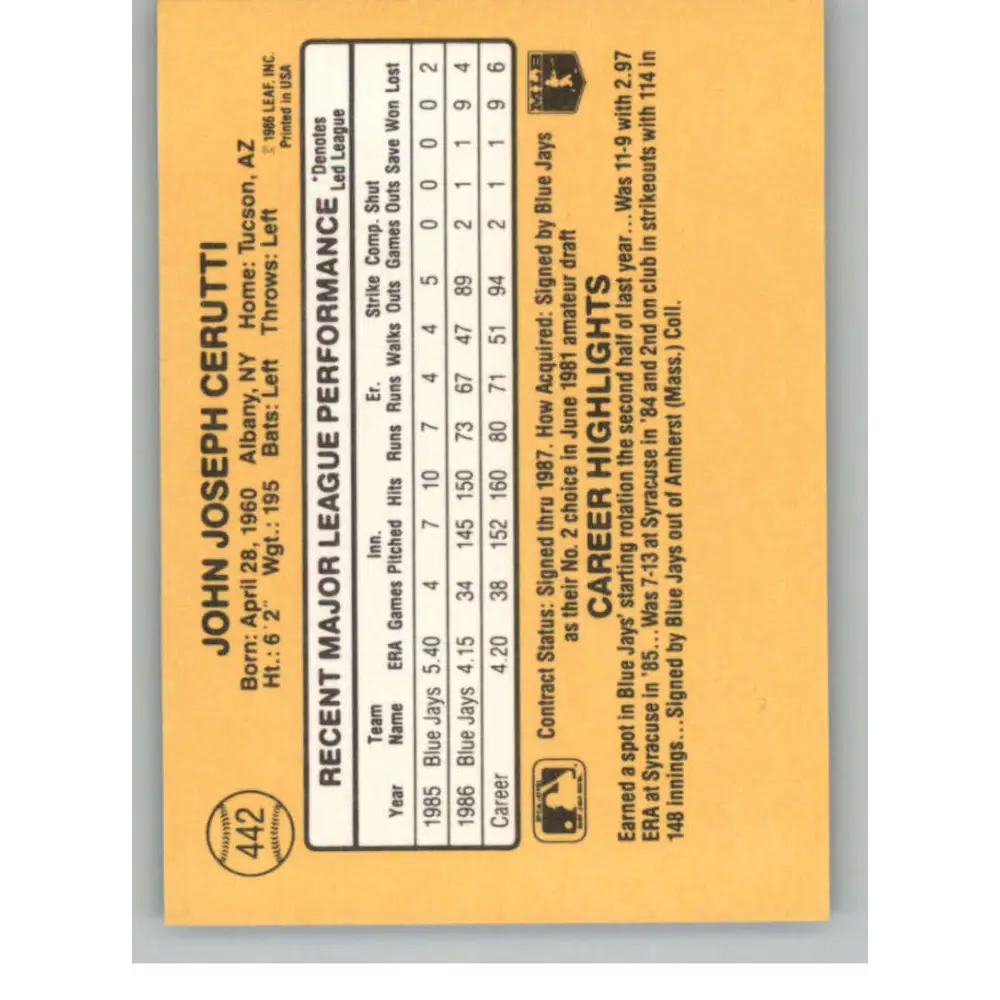 1987 Donruss #442 John Cerutti EX RC Rookie Toronto Blue Jays Baseball Card Image 2