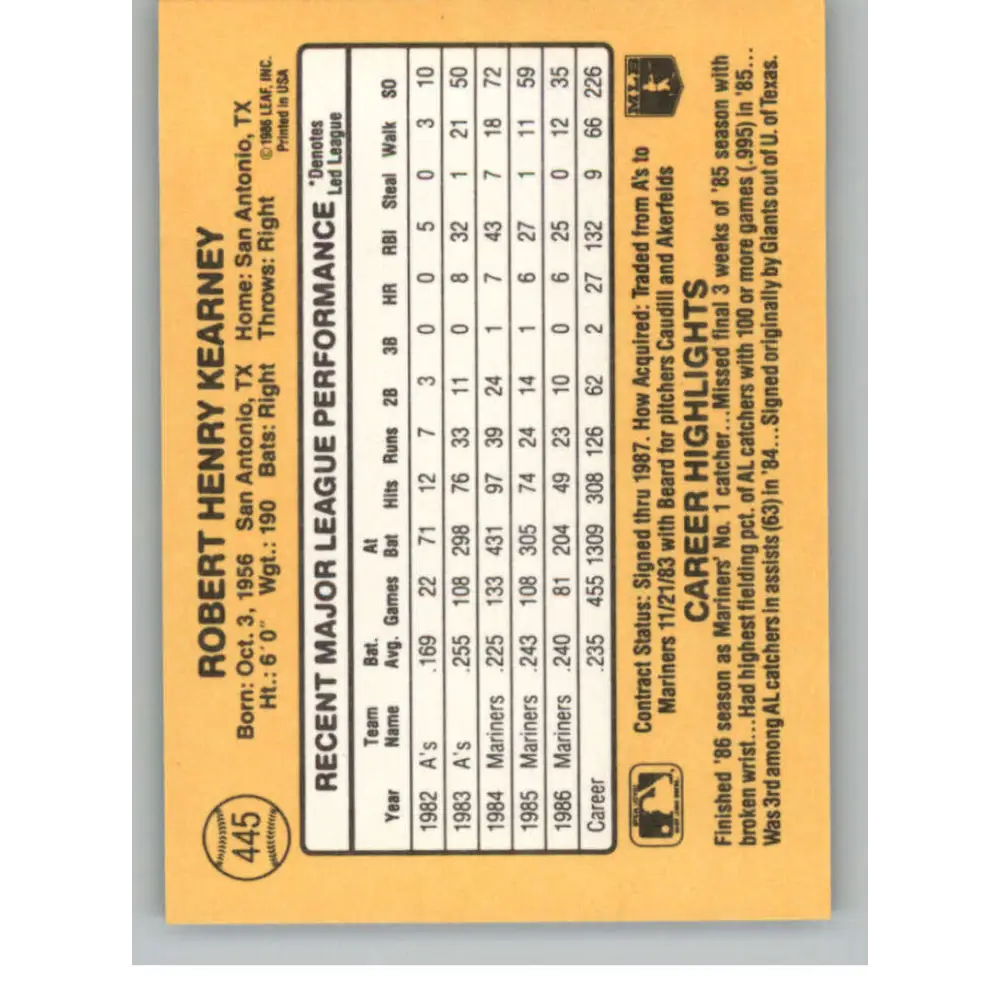 1987 Donruss #445 Bob Kearney EX Excellent Seattle Mariners Baseball Card  Image 2