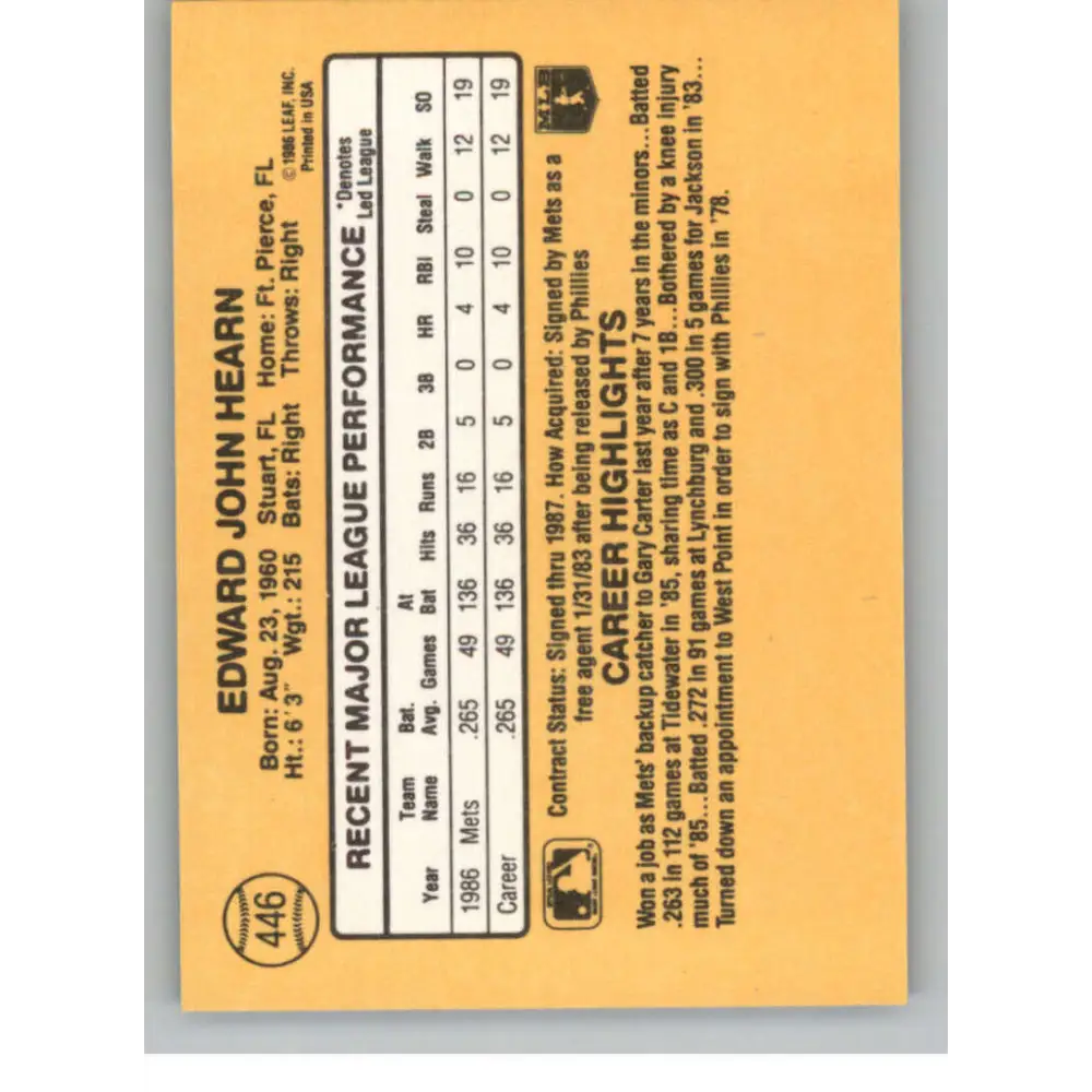 1987 Donruss #446 Ed Hearn EX Excellent RC Rookie New York Mets Baseball Card  Image 2