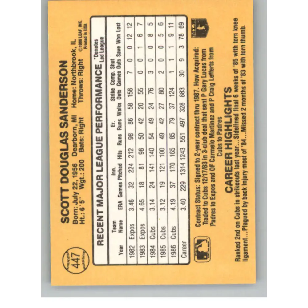 1987 Donruss #447 Scott Sanderson EX Excellent Chicago Cubs Baseball Card  Image 2