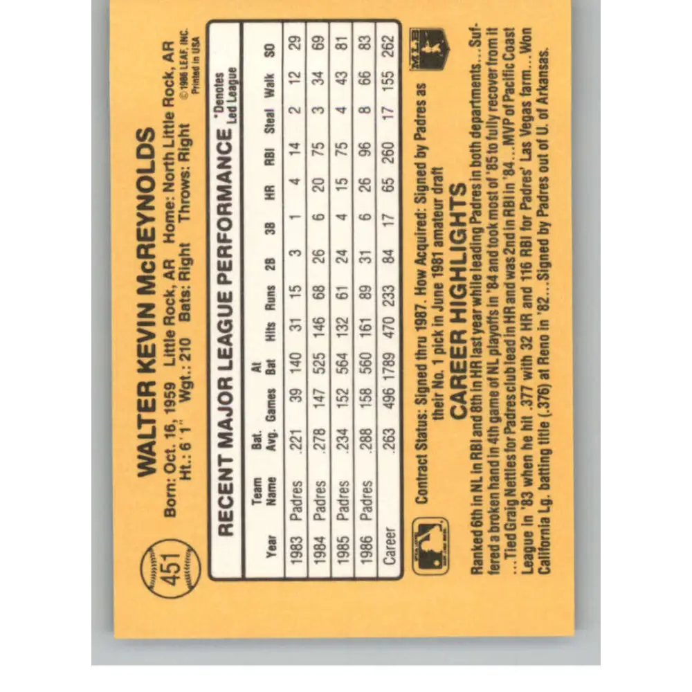 1987 Donruss #451 Kevin McReynolds EX Excellent San Diego Padres Baseball Card  Image 2