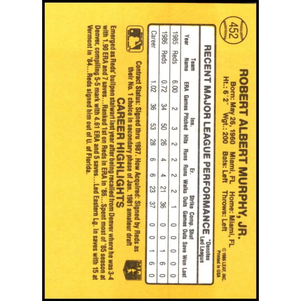1987 Donruss #452 Rob Murphy EX Excellent RC Rookie Cincinnati Reds Baseball Card  Image 2