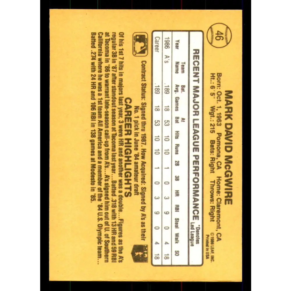 1987 Donruss #46 Mark McGwire EX Excellent Oakland Athletics Baseball Card  Image 2