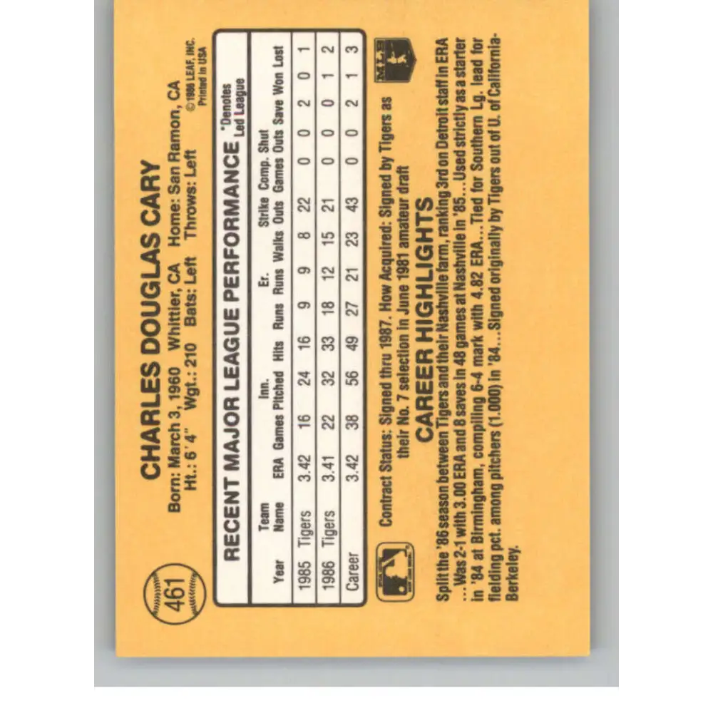 1987 Donruss #461 Chuck Cary EX Excellent RC Rookie Detroit Tigers Baseball Card  Image 2