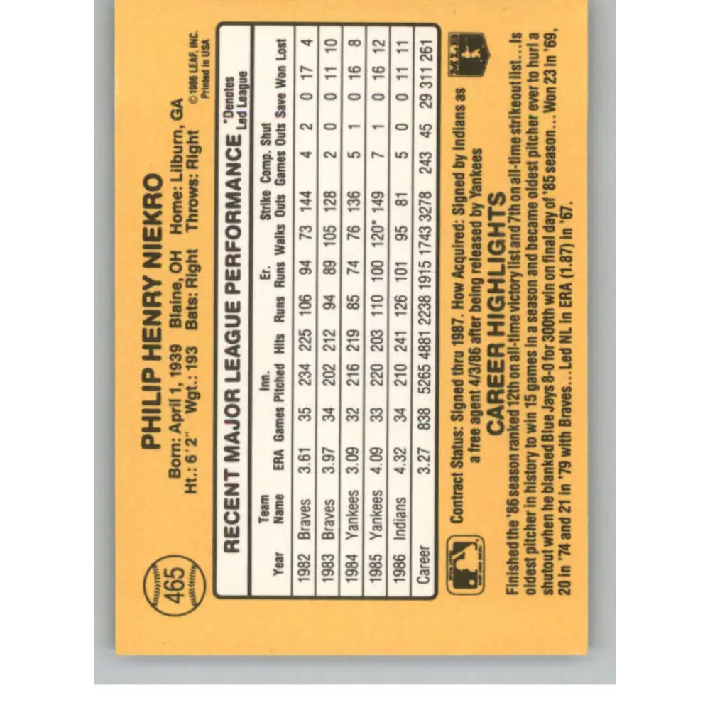 1987 Donruss #465 Phil Niekro EX Cleveland Indians Baseball Card Image 2