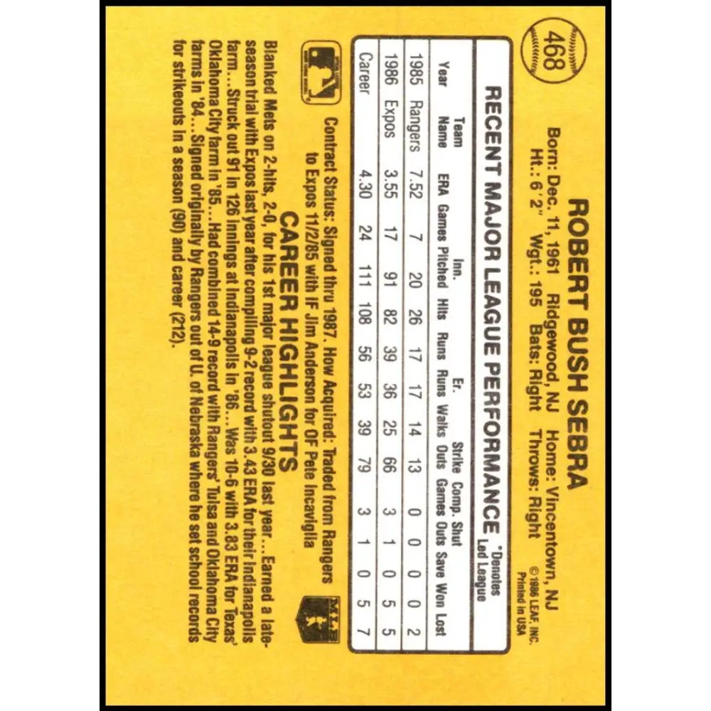 1987 Donruss #468 Bob Sebra EX Excellent Montreal Expos Baseball Card  Image 2