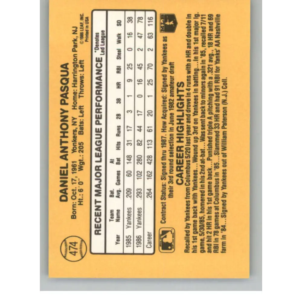 1987 Donruss #474 Dan Pasqua EX Excellent New York Yankees Baseball Card  Image 2