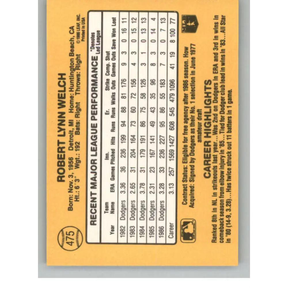 1987 Donruss #475 Bob Welch EX Excellent Los Angeles Dodgers Baseball Card  Image 2