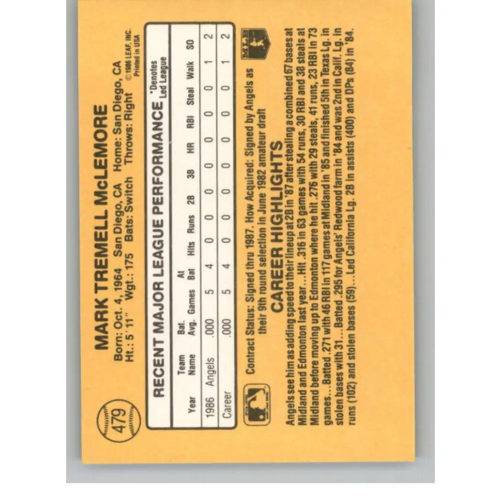 1987 Donruss #479 Mark McLemore EX Excellent California Angels Baseball Card  Image 2