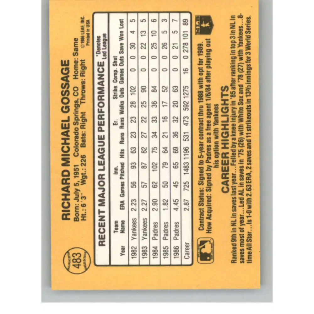1987 Donruss #483 Rich Gossage EX Excellent San Diego Padres Baseball Card  Image 2