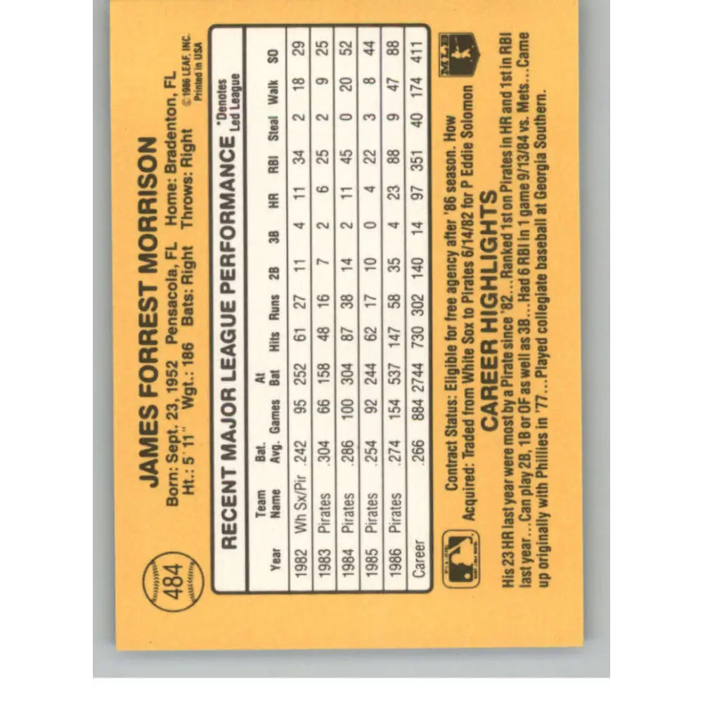 1987 Donruss #484 Jim Morrison EX Excellent Pittsburgh Pirates Baseball Card  Image 2